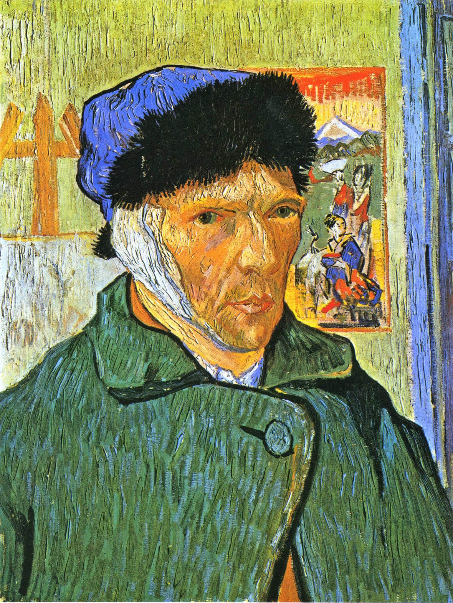 Courtauld 01-1 Vincent Van Gogh - Self-Portrait with Bandaged Ear The Courtauld Institute of Art Gallery is housed in Londons Somerset House, founded in 1931 by the textile magnate Samuel Courtauld. 1. Vincent van Gogh - Self-Portrait with Bandaged Ear. Arles, January 1889, 61 x 50 cm. On the night of December 23, 1888, Vincent van Gogh was drunk and upset that his friend Paul Gauguin was planning to leave. He waved a knife in Gauguin's face, then cut off a piece of his own ear and gave it to a prostitute. Gauguin quickly left for Paris, and van Gogh went to a hospital.  A week later, Vincent looked in the mirror and saw a calm man with an unflinching gaze, dressed in a heavy coat (painted with thick, vertical strokes of blue and green) and fur-lined hat, and a slightly stained bandage over his ear.